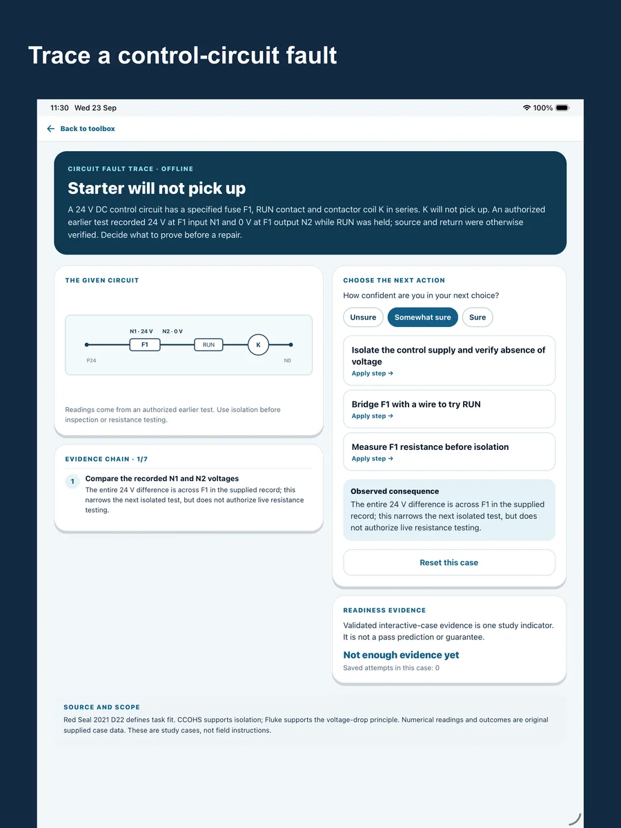 Electrician Red Seal Exam Prep — diagnostic practice shown on a device