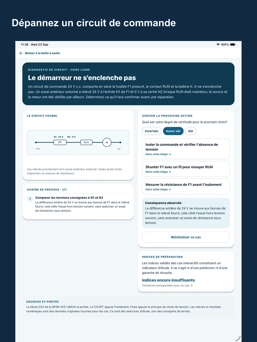 Électricien examen Sceau rouge — exemple de pratique diagnostique sur appareil