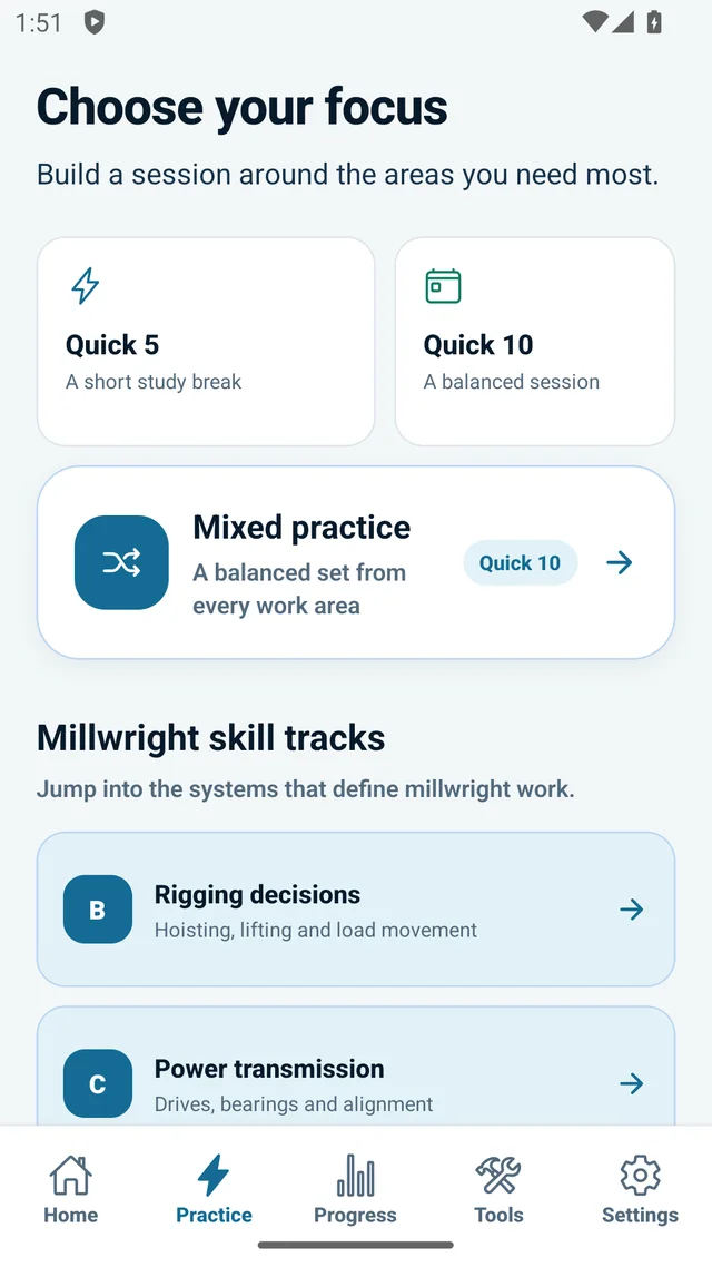 Millwright Red Seal Exam Prep — Android phone: Focused practice